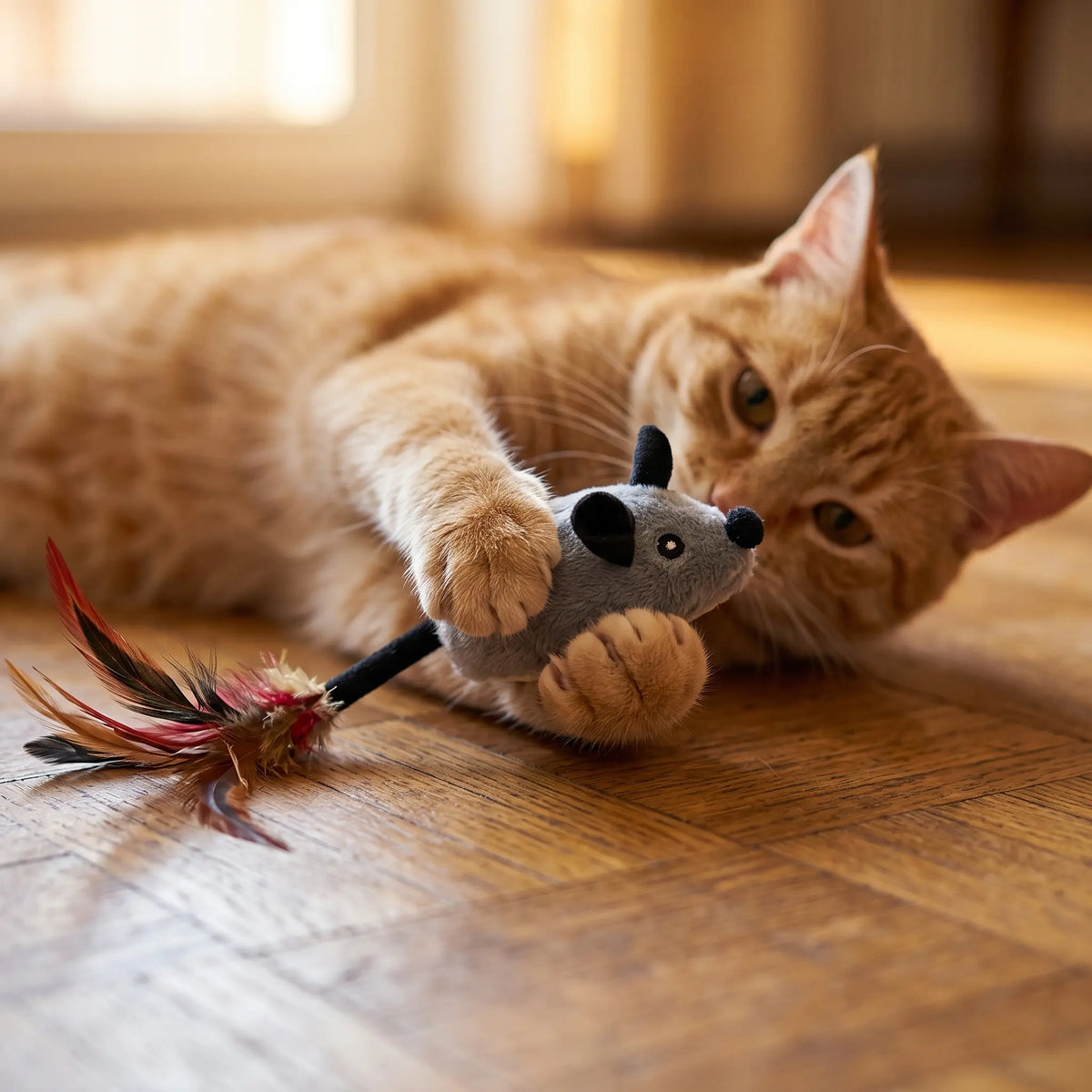 Chat roux tenant une souris en peluche grise à plumes entre ses pattes avant Image