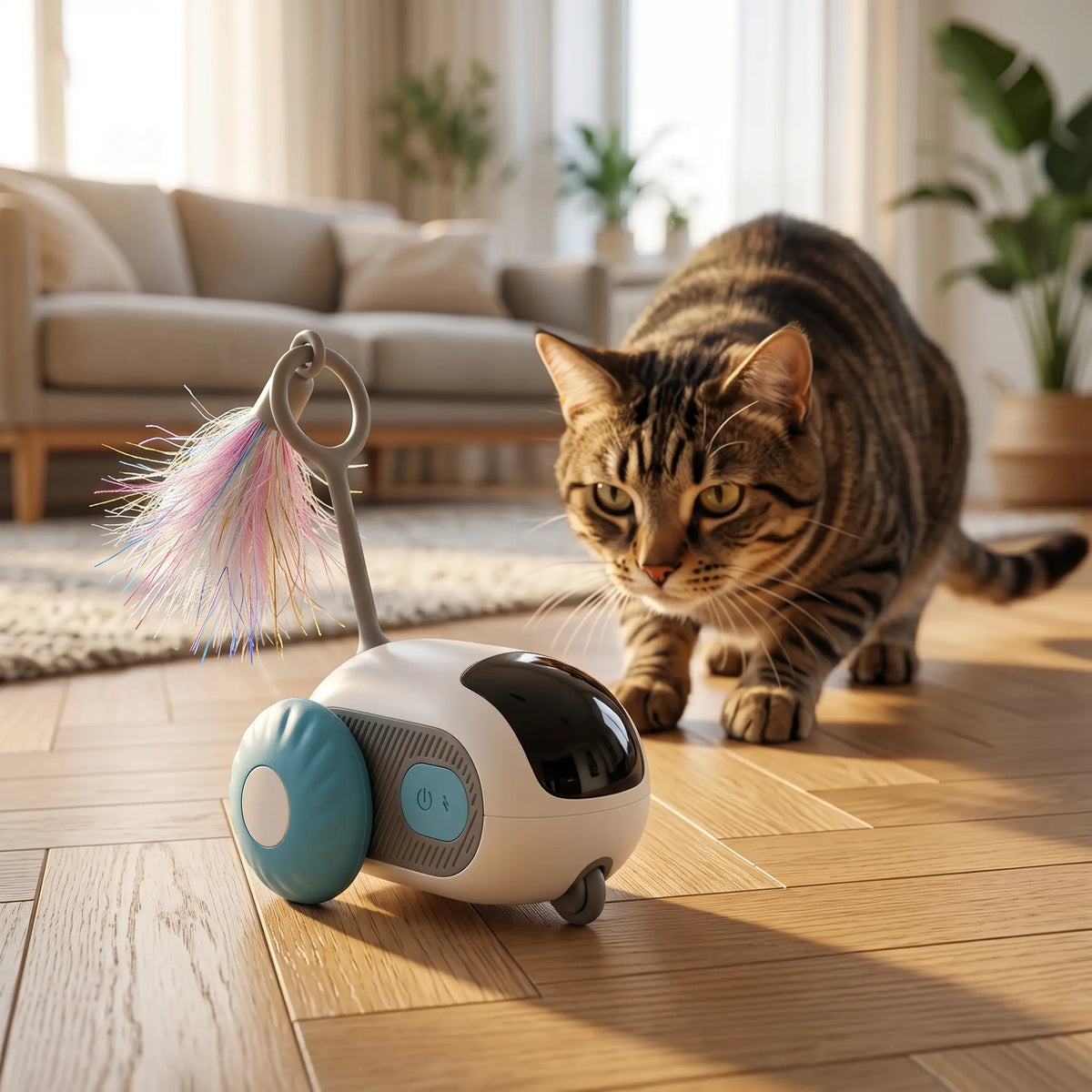 Chat tigré en position de chasse face à une petite voiture robot télécommandée sur un parquet