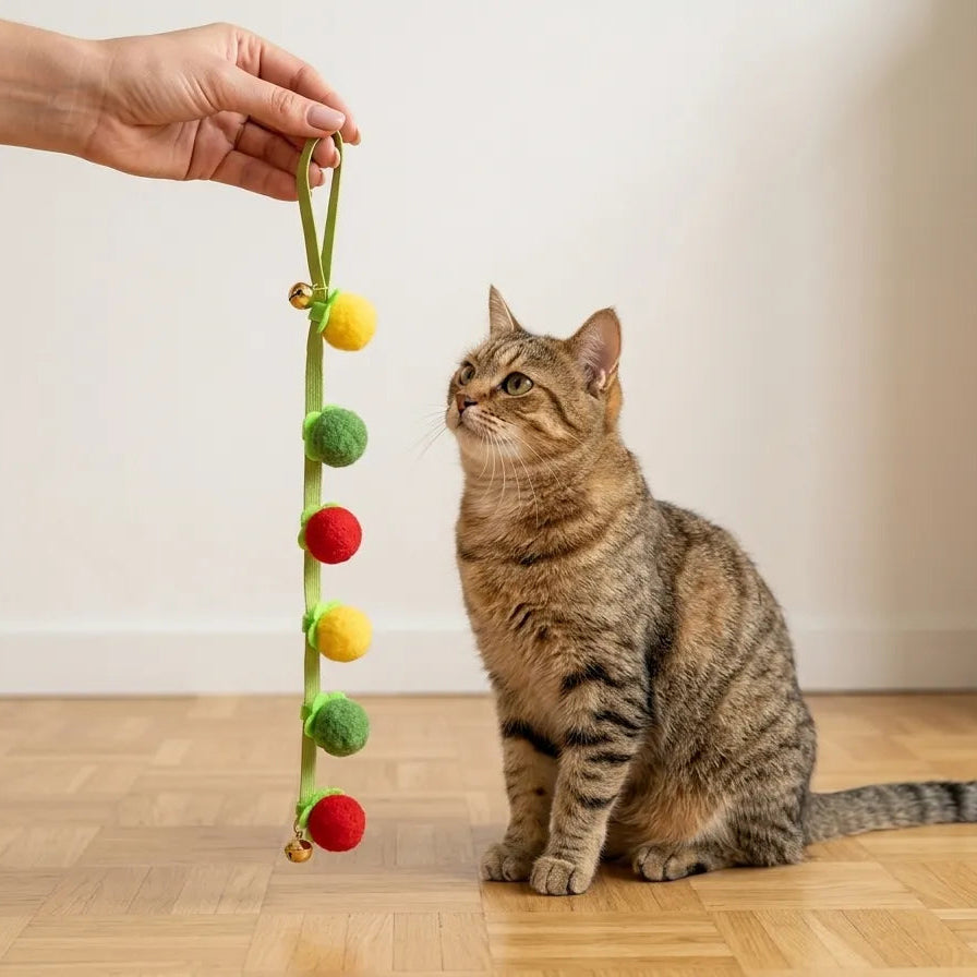 Propriétaire présentant le jouet suspendu coloré avec clochette à son chat tigré attentif avant la séance de jeu. Image