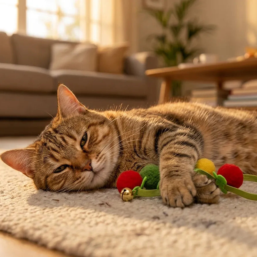 Chat adulte se reposant paisiblement sur un tapis tout en gardant son jouet anti-ennui entre ses pattes. Image