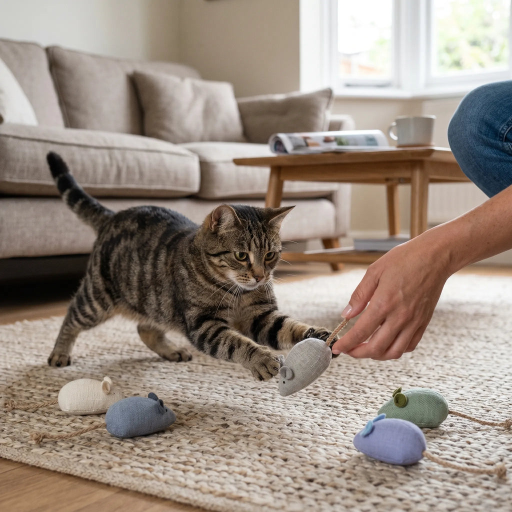 Propriétaire présentant une souris en tissu à son chat tigré qui s'apprête à bondir sur le tapis du salon.