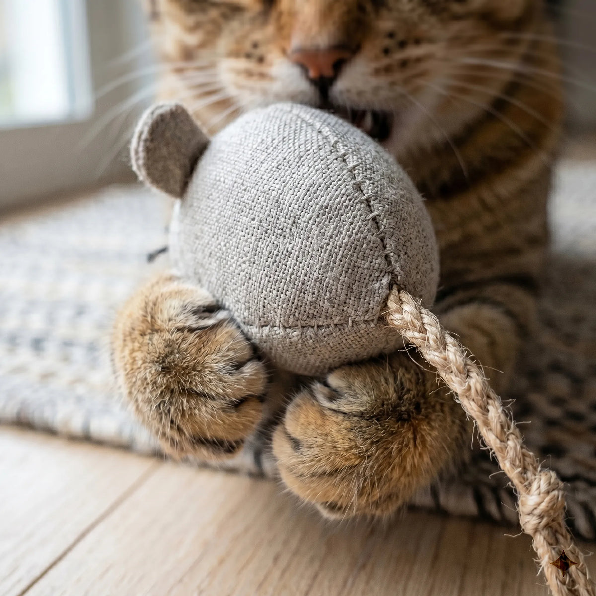 Gros plan d'un chat tigré tenant fermement la souris en tissu entre ses pattes et la mordillant doucement.