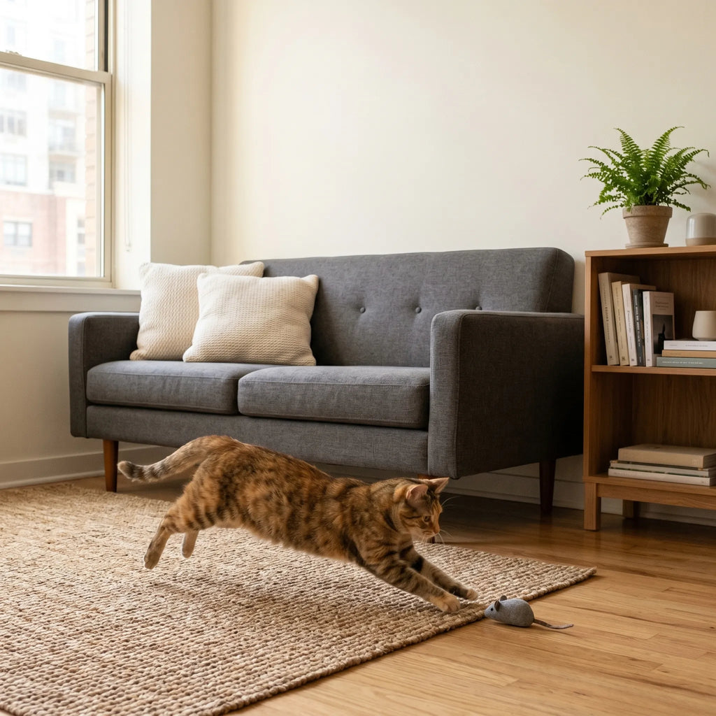 Chat en plein élan s'étirant de tout son long sur le parquet pour chasser la petite souris grise en peluche.