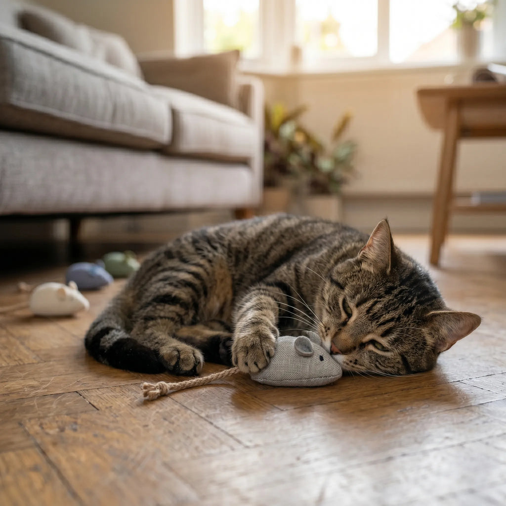 Chat adulte apaisé se reposant sur le sol en gardant sa petite souris en peluche avec queue en corde contre lui.