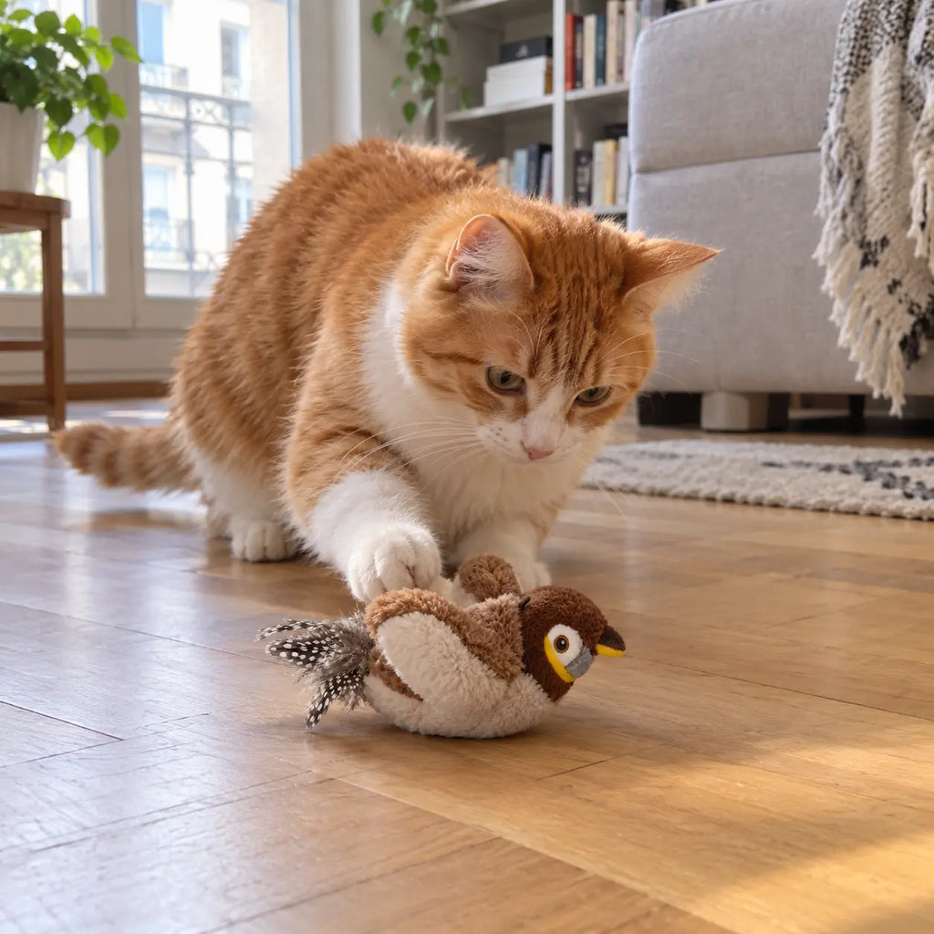 Chat qui donne un coup de patte au jouet oiseau en peluche sur le parquet