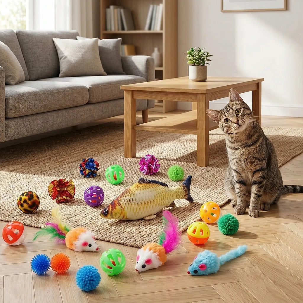 Chat tigré assis calmement à côté de son pack complet de jouets comprenant un poisson, des balles à grelots et des souris colorées.
