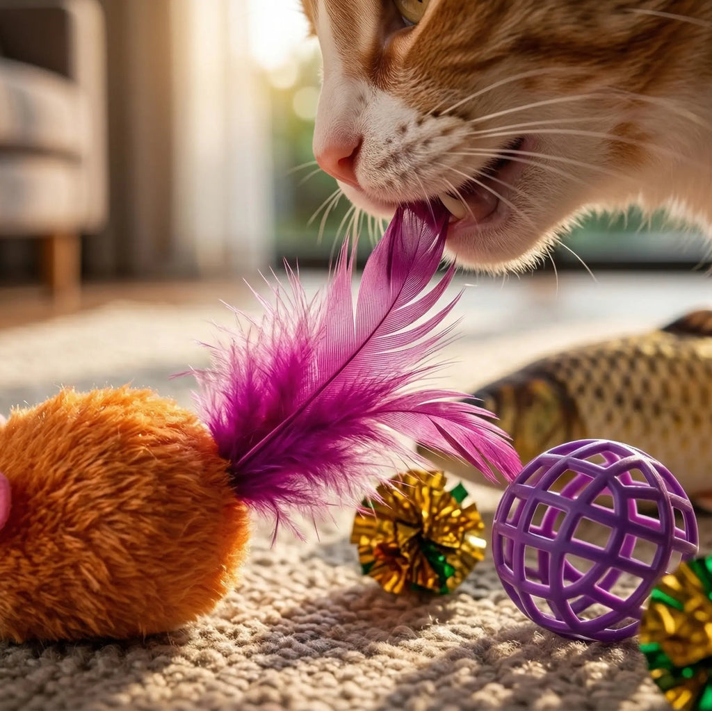 Gros plan d'un chat mordillant avec envie les plumes violettes d'un jouet interactif faisant partie du pack d'occupation.