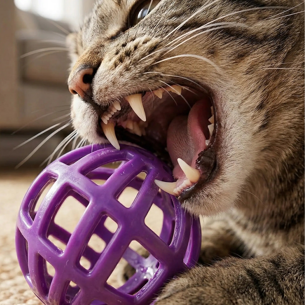 Détail des crocs d'un chat mordant intensément une balle alvéolée en plastique renforcé, illustrant la résistance du jouet.