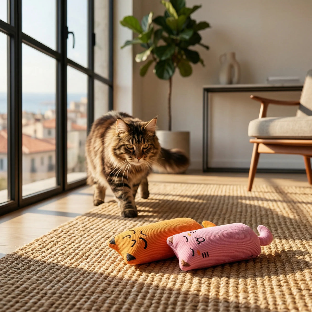 Chat d'intérieur s'approchant de ses deux jouets en peluche douce posés sur le tapis du salon baigné de soleil.