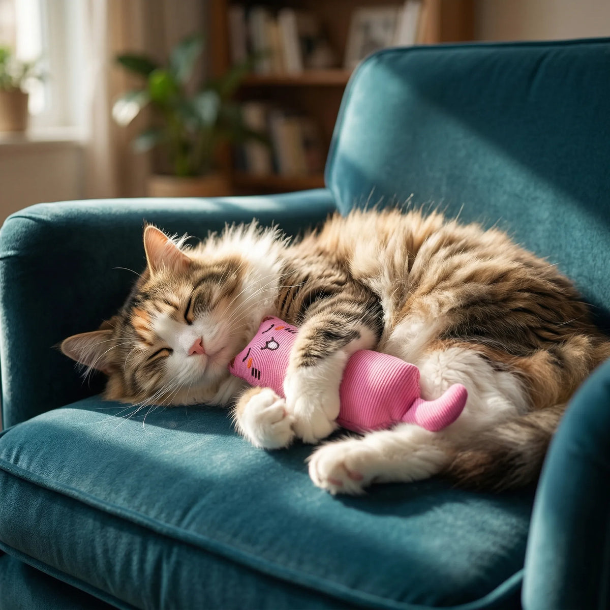 Chat au pelage mi-long dormant paisiblement sur un fauteuil tout en enlaçant son doudou en peluche rose pour félin.