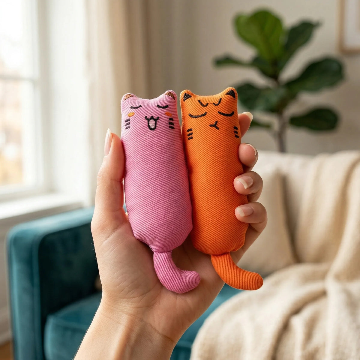 Main tenant les deux petites peluches à l'herbe à chat, illustrant leur format compact d'environ 15 cm adapté à la morsure.