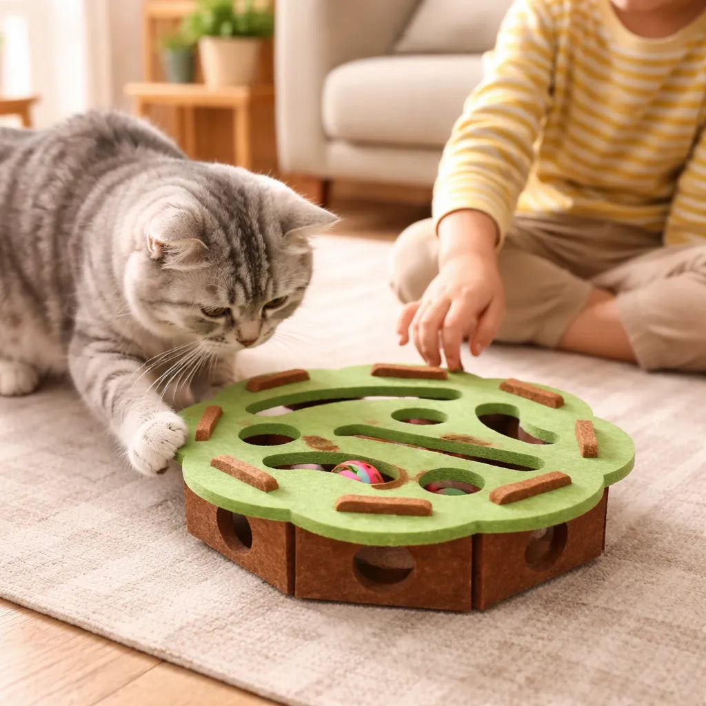 Un chat gris jouant avec la balle rose du plateau puzzle en feutre, accompagné d'une personne assise sur le tapis.