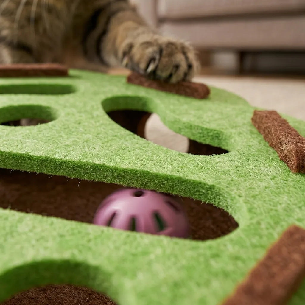 Gros plan sur la patte d'un chat touchant la surface douce et texturée en feutre du jouet d'intelligence.