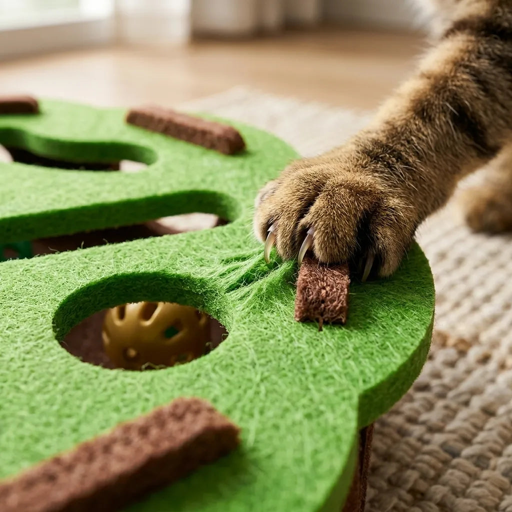 Détail des griffes d'un chat s'agrippant au rebord en feutre épais et résistant du plateau d'intelligence.