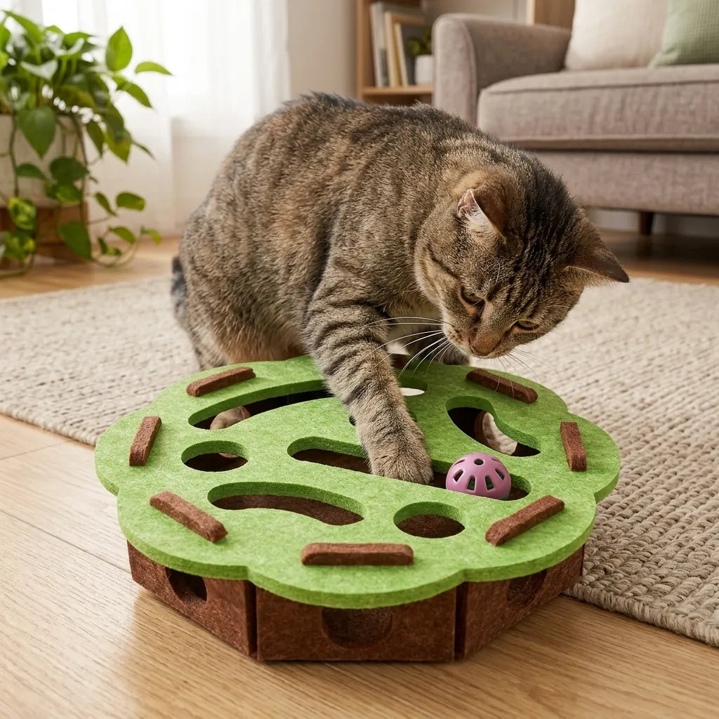 Chat très concentré observant la balle rose à travers les ouvertures de son jouet d'occupation autonome.