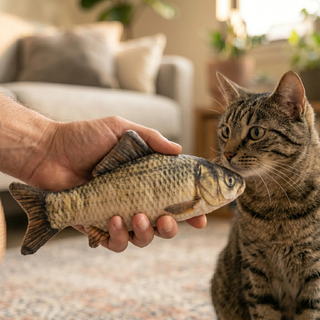 Main humaine présentant le jouet poisson en peluche réaliste à un chat tigré attentif dans un salon.