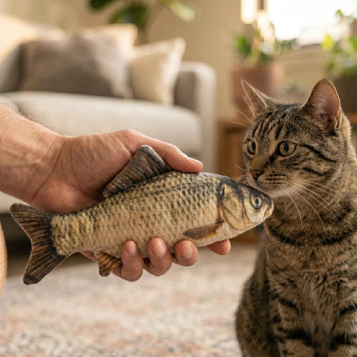 Main humaine présentant le jouet poisson en peluche réaliste à un chat tigré attentif dans un salon.