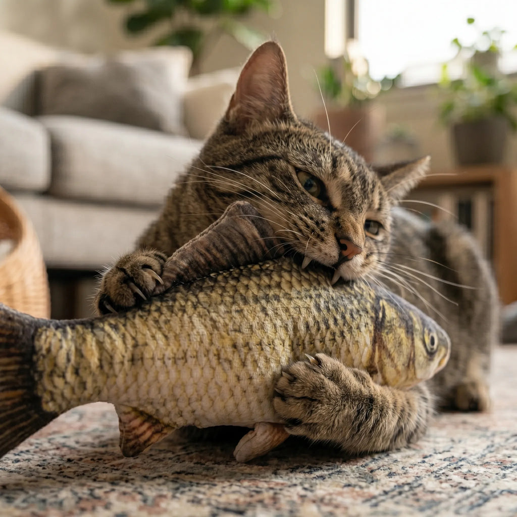 Chat tigré couché sur le tapis, enlaçant et mordant intensément son gros poisson en peluche doux.