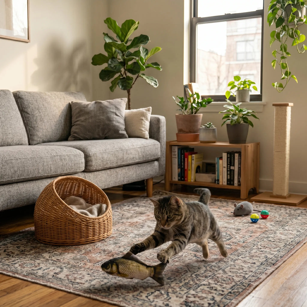 Chat d'appartement en plein bond, étirant ses pattes pour attraper son jouet poisson réaliste sur le sol.