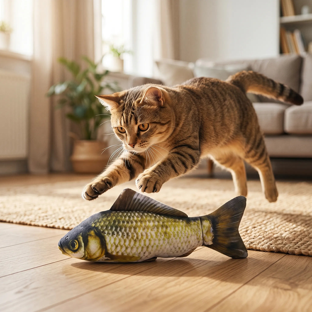 Jeune chat très actif sautant énergiquement pour capturer sa proie de substitution en forme de poisson.