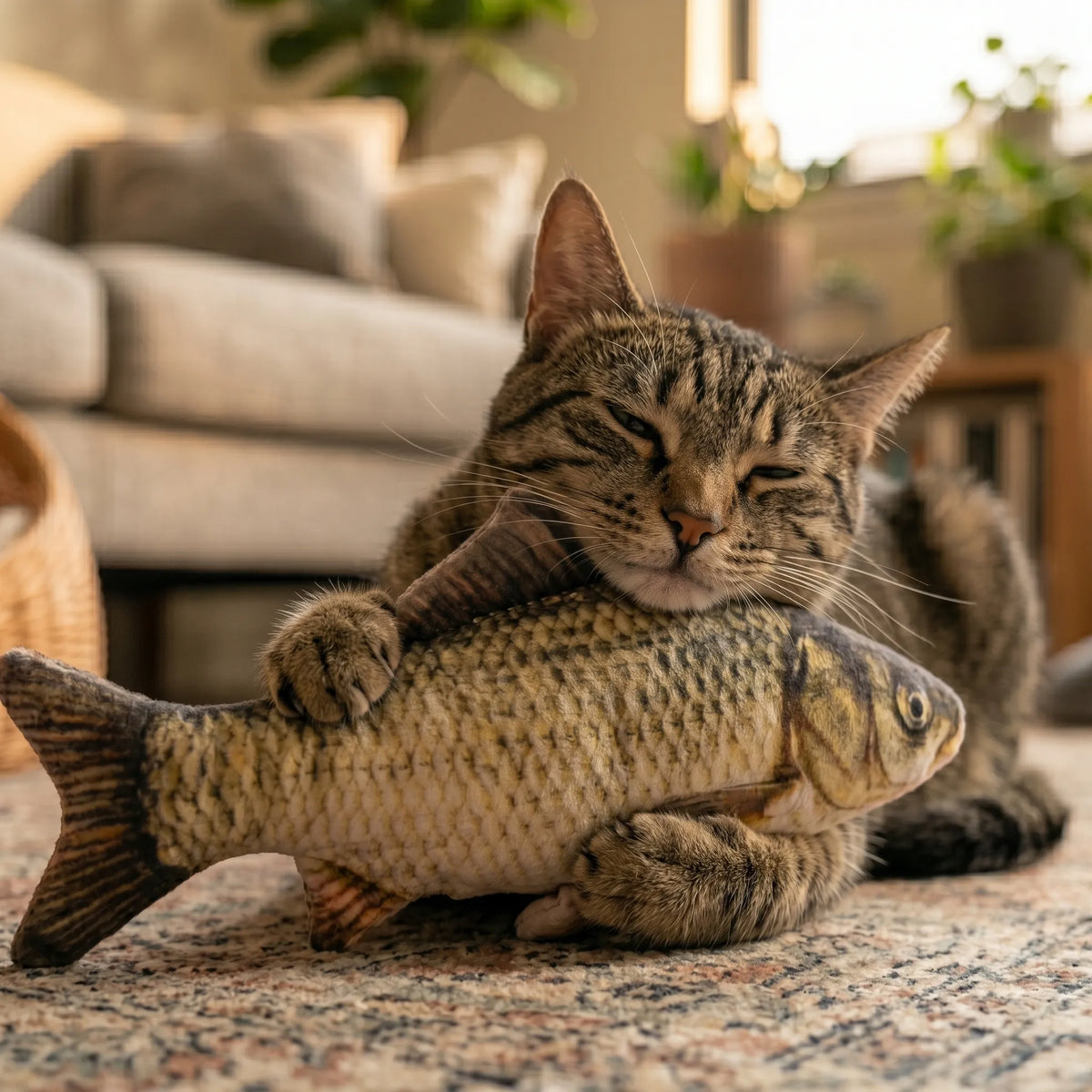 Chat adulte apaisé et les yeux mi-clos, tenant fermement son jouet doudou poisson en peluche entre ses pattes.