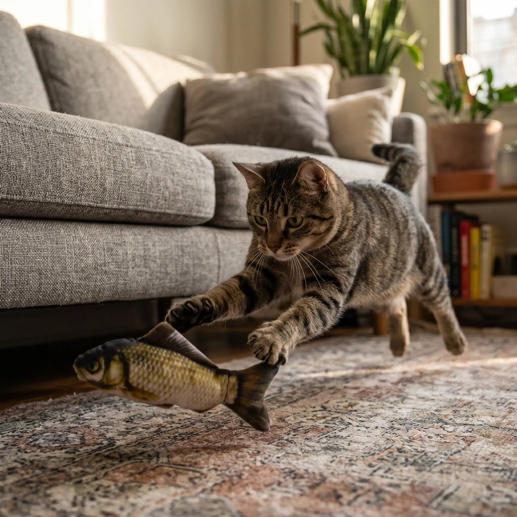 Chat tigré se jetant sur la peluche poisson réaliste en mouvement lors d'une séance de chasse sur le tapis.