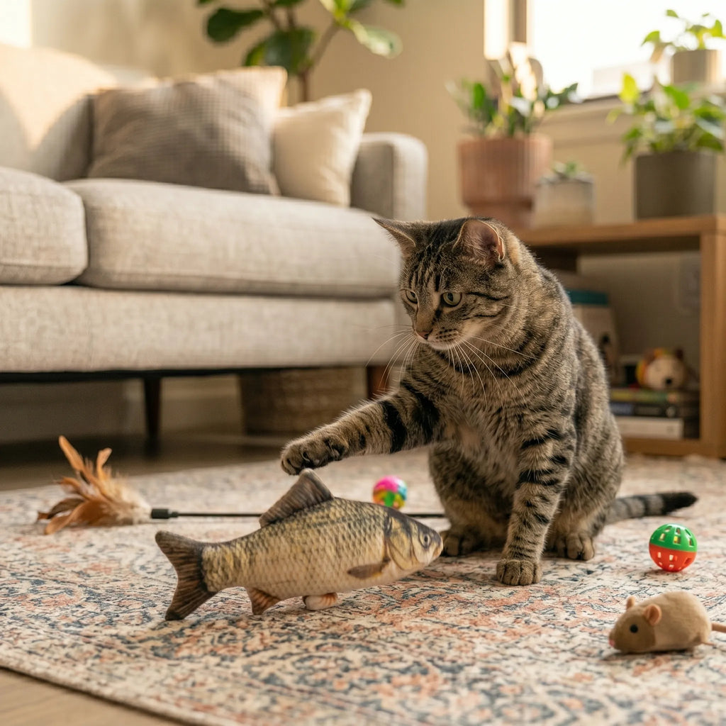 Chat assis calmement, posant la patte sur son jouet poisson en peluche au milieu d'autres petits jouets pour félins.