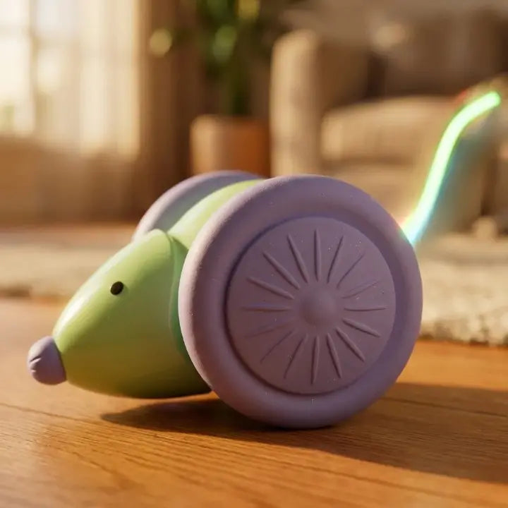 Gros plan sur la souris automatique pour chat à corps vert et grandes roues violettes, laissant une traînée lumineuse LED sur un parquet.