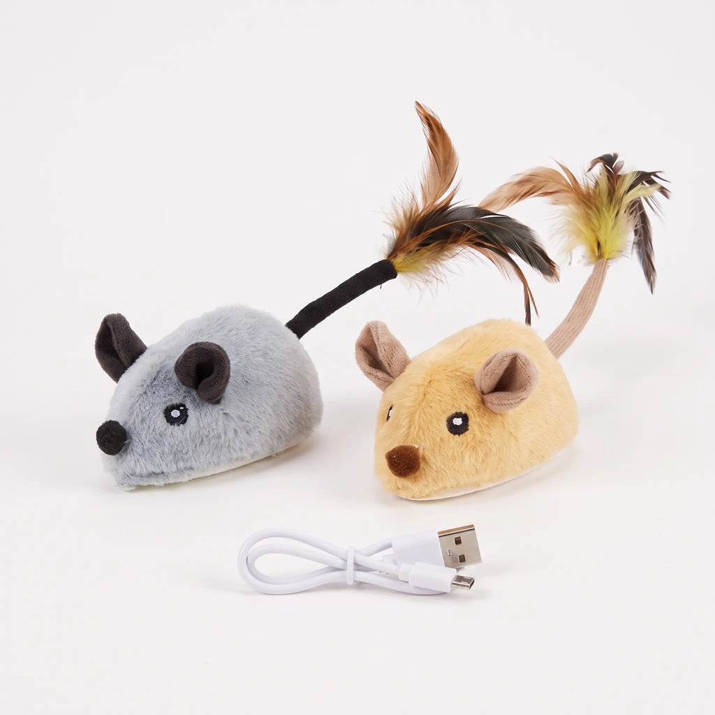 Deux souris en peluche motorisées pour chat, grise et jaune, avec queue à plumes et câble de charge USB
