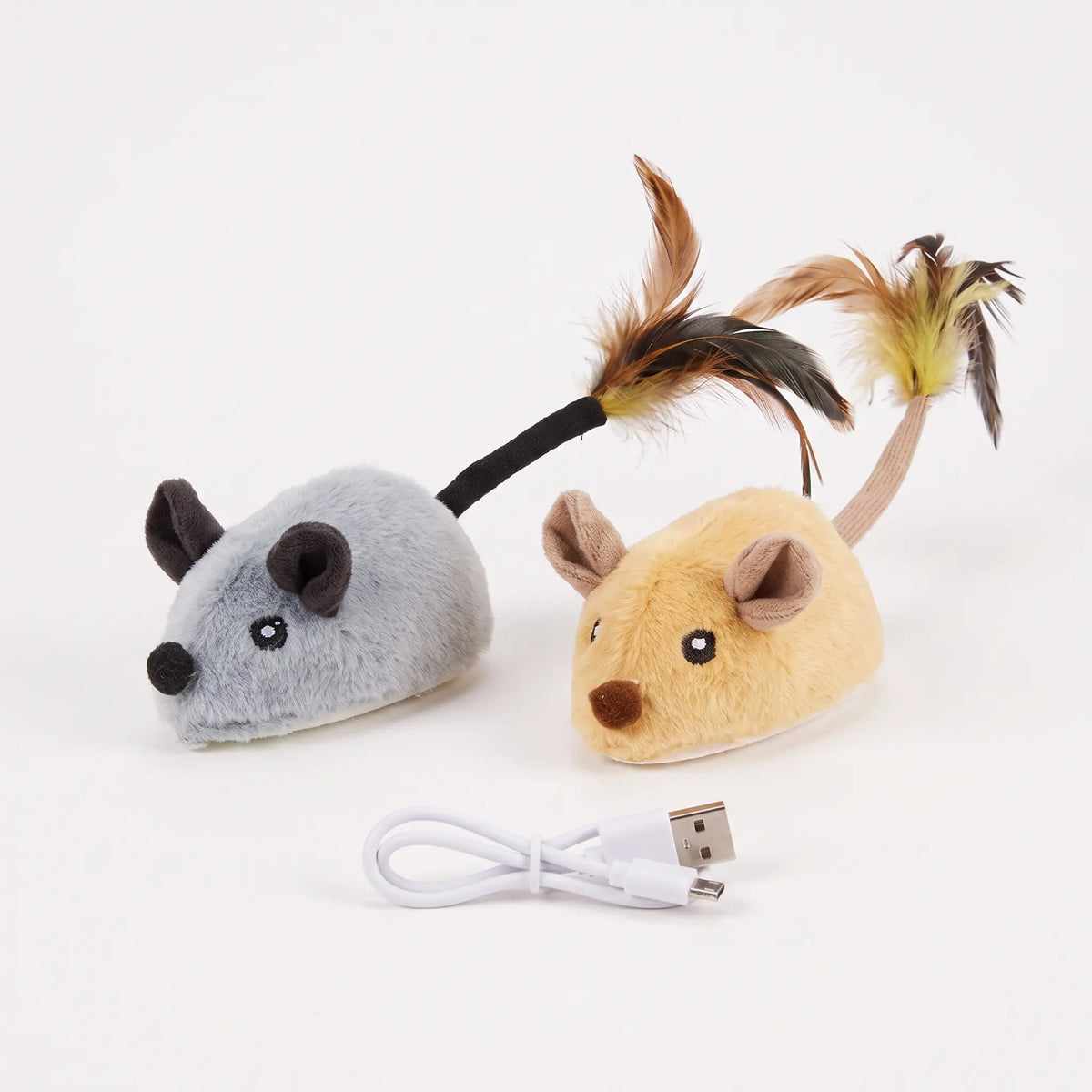Deux souris en peluche motorisées pour chat, grise et jaune, avec queue à plumes et câble de charge USB