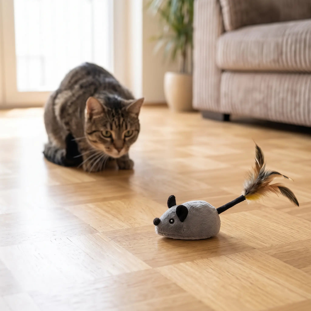 Chat tigré prêt à bondir sur une souris en peluche grise qui roule sur le parquet