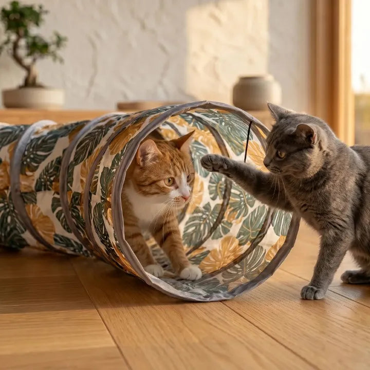 Chat roux et blanc dans un tunnel de jeu à motif tropical jouant avec un chat gris à l'extérieur.