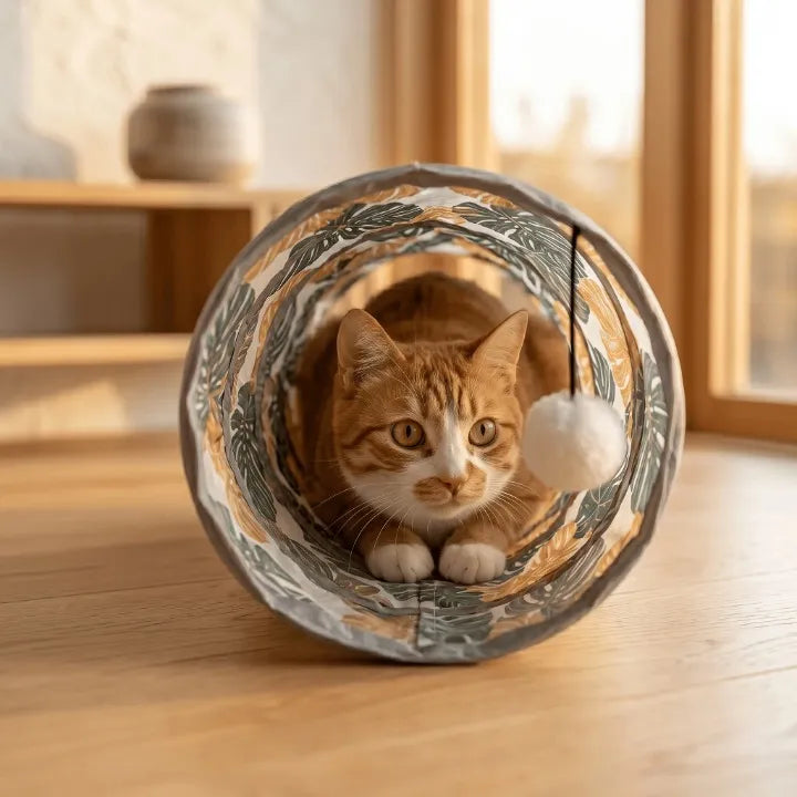 Chat roux rampant dans un tunnel pour chat avec une balle en peluche blanche suspendue à l'entrée.