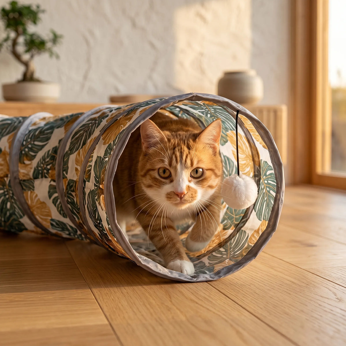 Chat roux aux aguets à l'intérieur d'un tunnel de jeu, fixant une balle suspendue dans un intérieur lumineux.