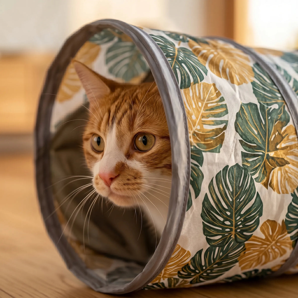 Portrait de la tête d'un chat roux sortant d'un tunnel de jeu pour chat aux motifs de feuilles vertes et dorées.