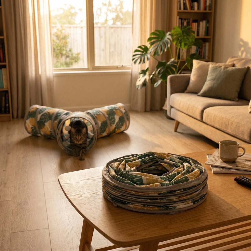 Tunnel pour chat pliable et compacté sur une table basse, avec un autre tunnel déplié et un chat tigré en arrière-plan