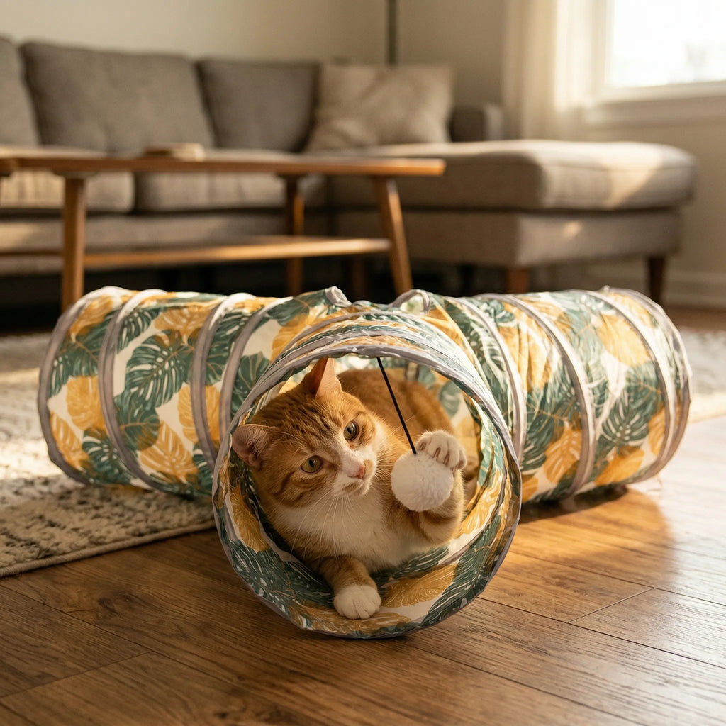 Chat roux jouant avec un pompon blanc à l'intérieur d'un tunnel pour chat droit à motif de feuilles tropicales dans un salon