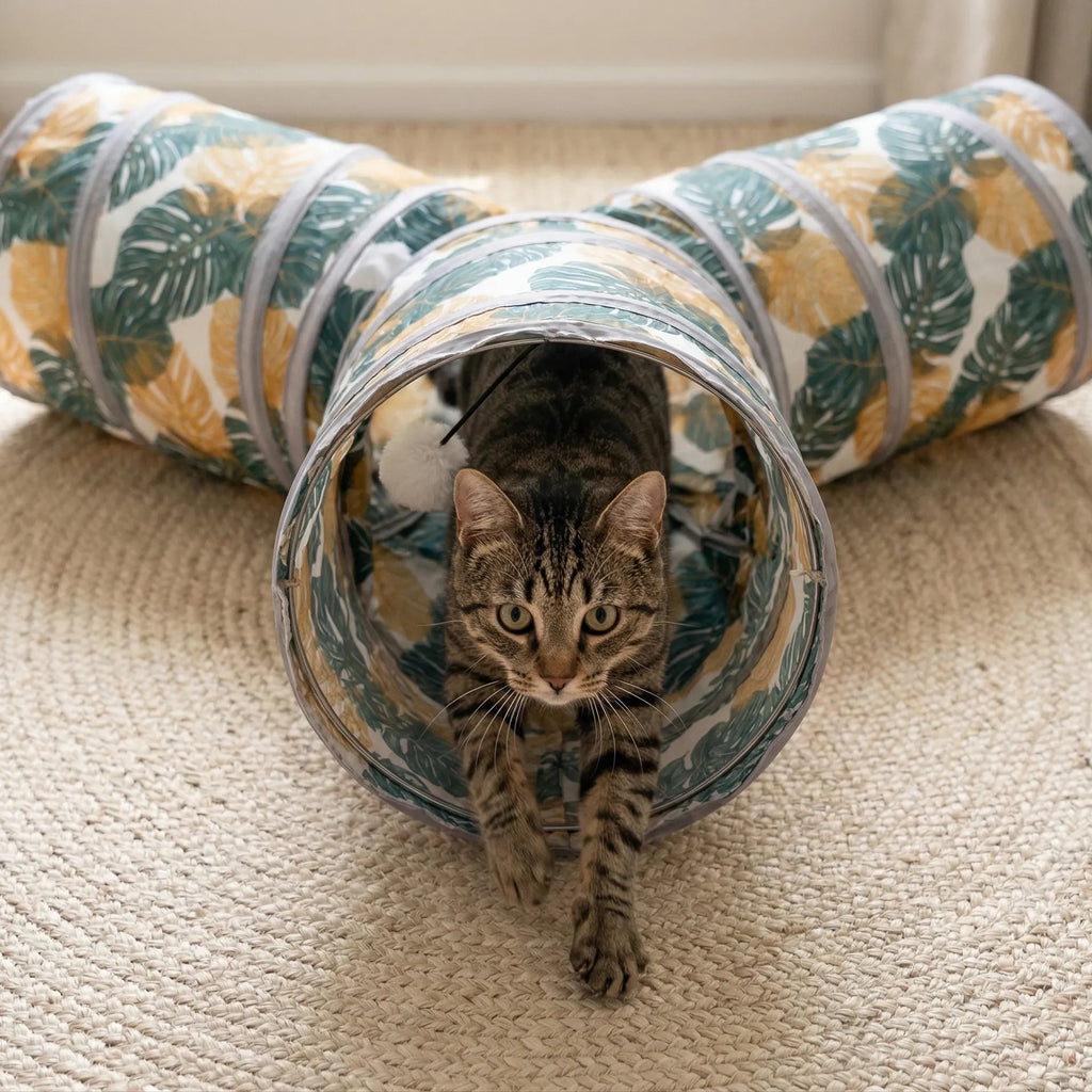 Chat tigré sortant de l'ouverture centrale d'un tunnel pour chat en forme de Y avec motif monstera sur un tapis tressé