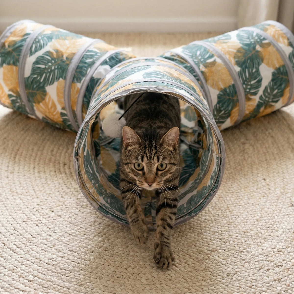 Chat tigré sortant de l'ouverture centrale d'un tunnel pour chat en forme de Y avec motif monstera sur un tapis tressé Image