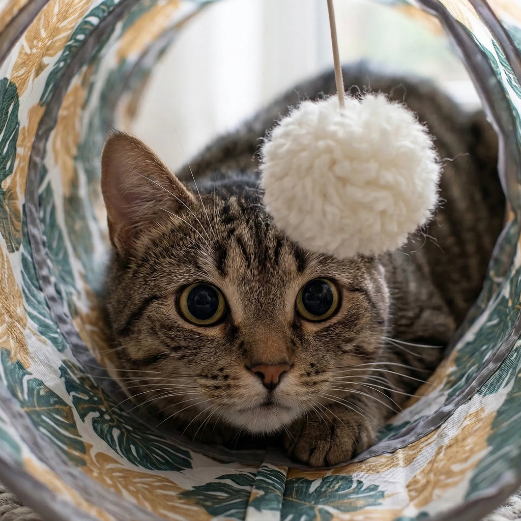 Gros plan du visage d'un chat tigré concentré à l'intérieur d'un tunnel de jeu avec un jouet pompon blanc suspendu au-dessus de sa tête