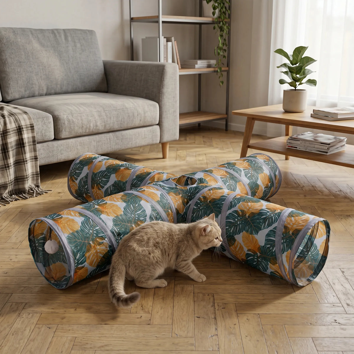Chat roux explorant son nouveau tunnel à 4 branches posé sur le parquet d'un salon moderne pour une séance de jeu.