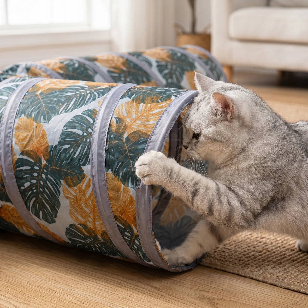 Gros plan sur un chat tigré glissant sa patte à l'intérieur du tunnel interactif pour y attraper une cible imaginaire.