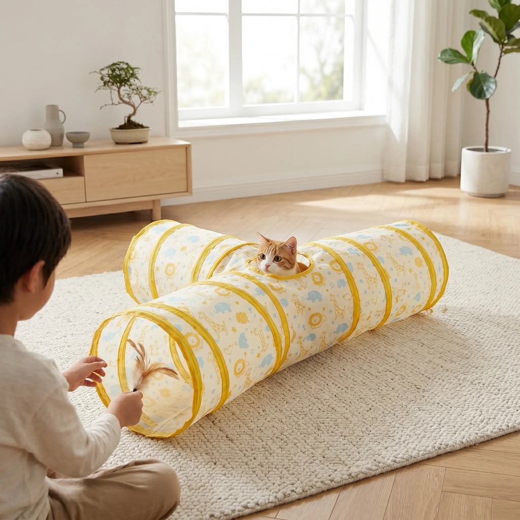 Enfant stimulant un chat d'intérieur caché dans son tunnel pliable à l'aide d'un plumeau sur le tapis du salon.
