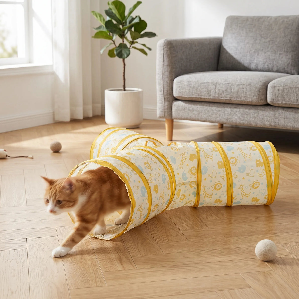 Chat roux en pleine session de jeu sortant d'une des extrémités du tunnel pliable pour chat installé sur le parquet.