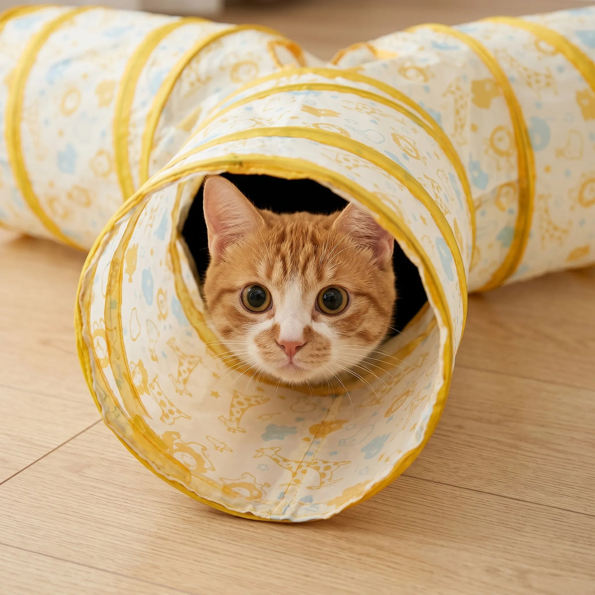 Gros plan sur un chat roux curieux utilisant son tunnel d'intérieur comme cachette rassurante.