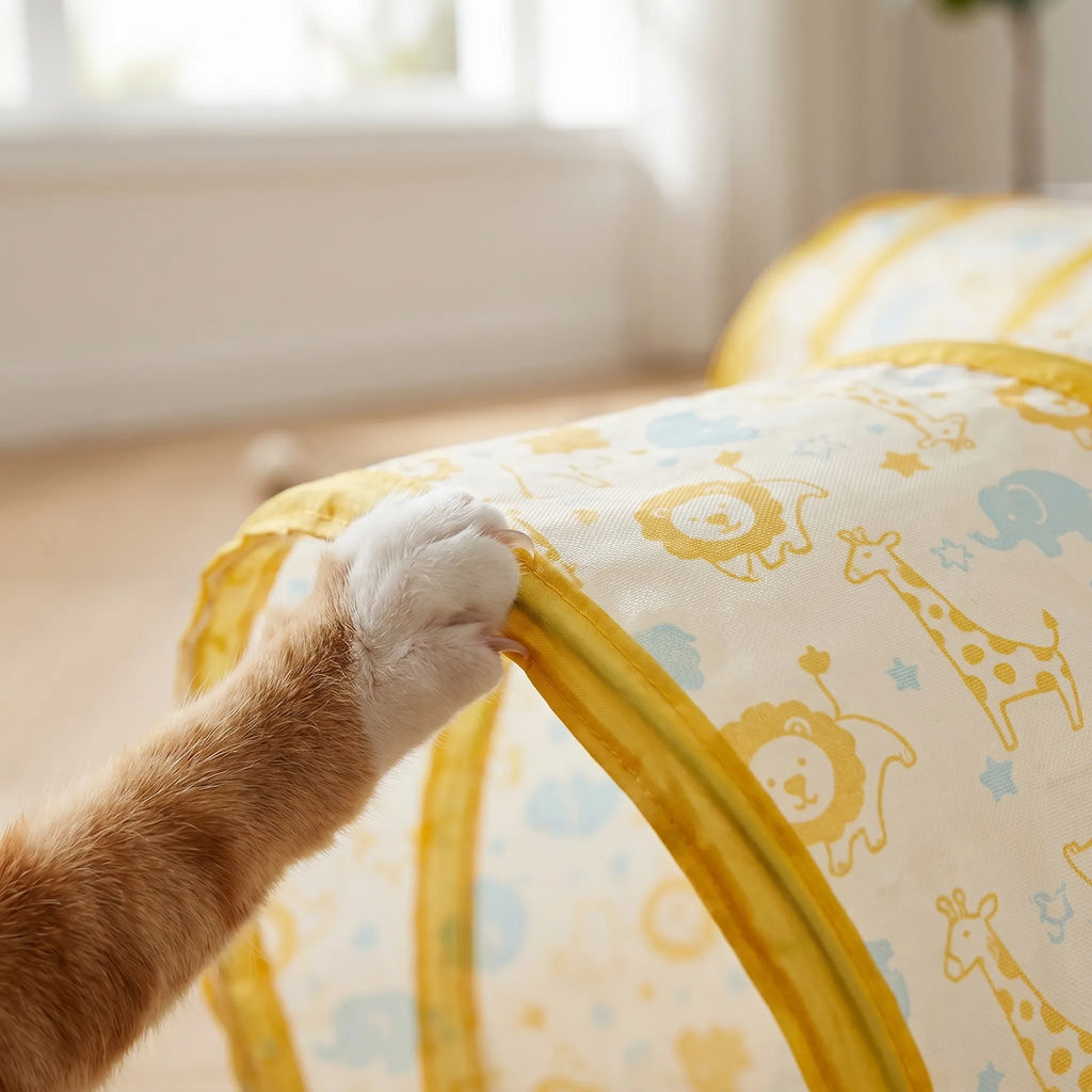 Détail d'une patte de chat posée sur la structure douce et le tissu résistant du tunnel de jeu pliable.